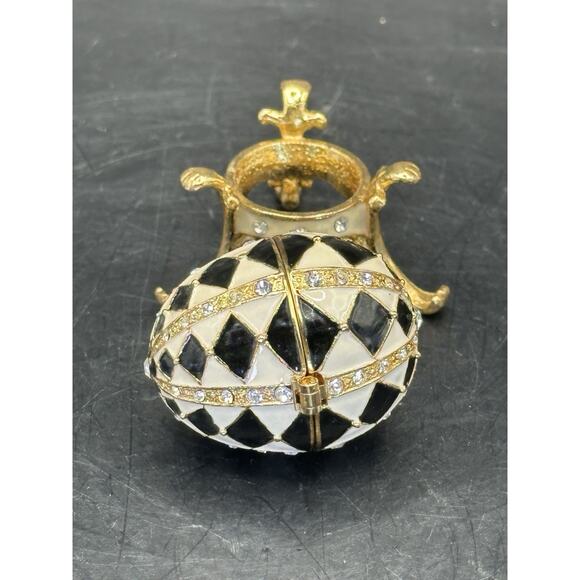 Harlequin Enameled Trinket Box Egg Shaped Black White Crystals w/ Stand - Picture 5 of 10